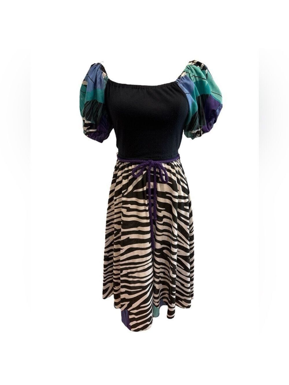 80s DOTTI ZEBRA PRINT MIDI DRESS W FLORAL TROPICAL PRINT PUFFED SLEEVE SZ 8 - Picture 5 of 7